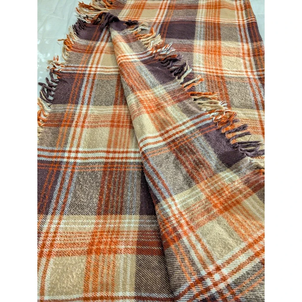 Faribo Plaid Tartan Throw‎ Blanket Fringe Brown Acrylic Made in USA Vintage